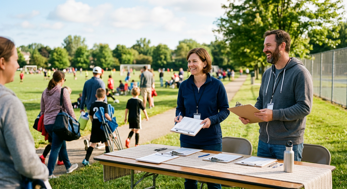 Parents checking in at the volunteer table before the first game