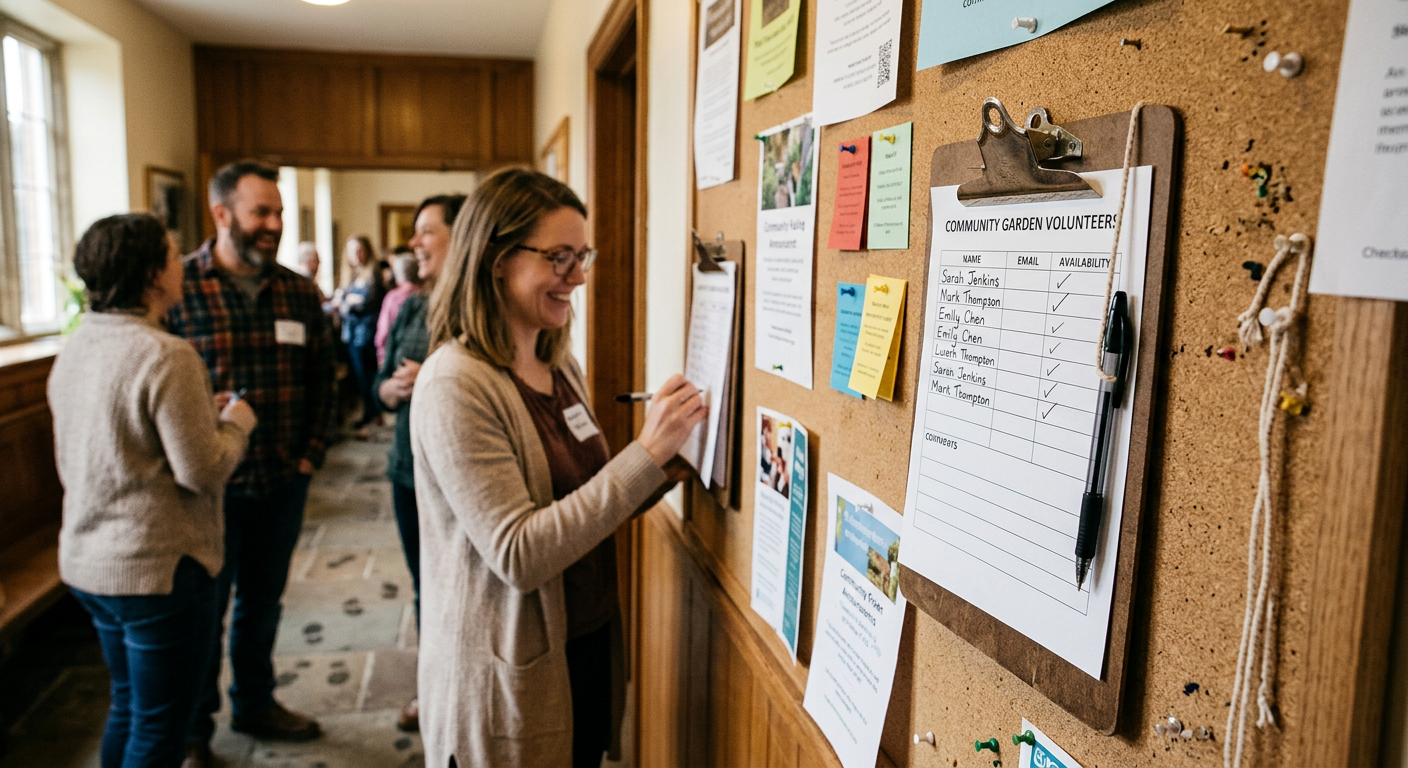A clipboard sign-up sheet posted on a church bulletin board before Sunday service
