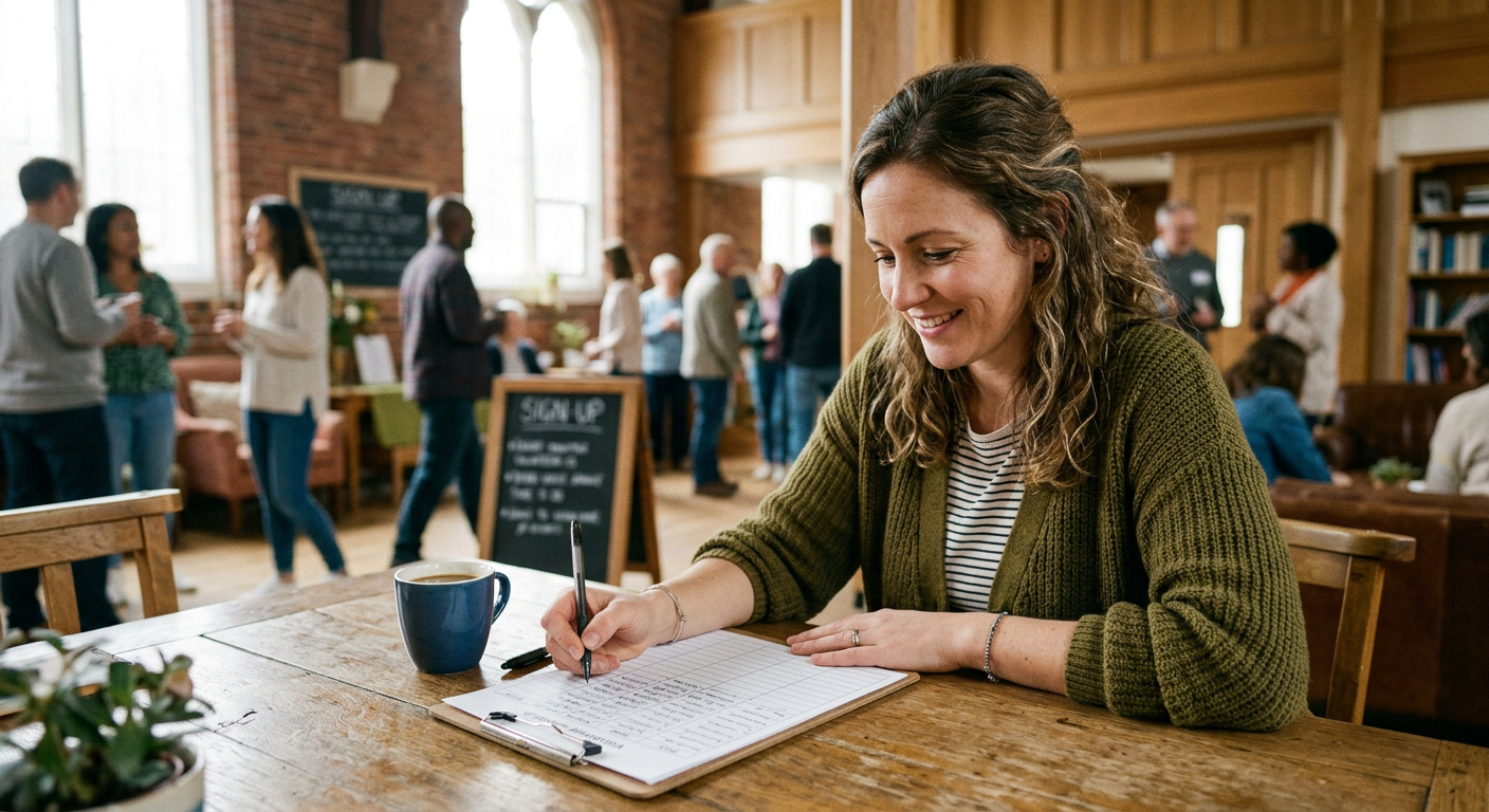A volunteer coordinator reviewing a printed Sunday morning role sheet in a church lobby