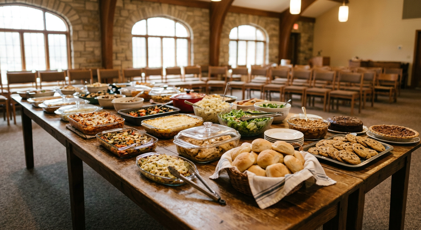 A spread of casseroles and side dishes ready to serve at a church fellowship meal