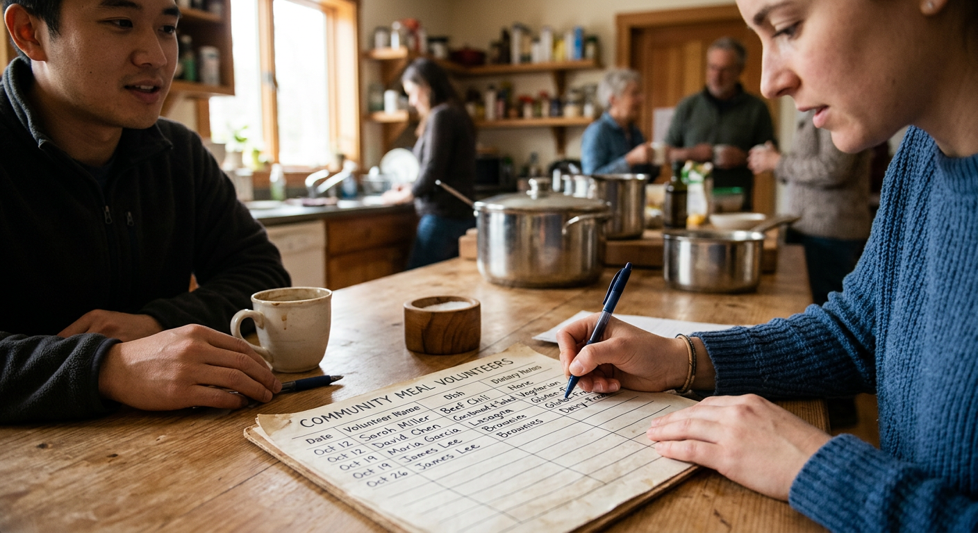 A simple meal sign-up list with dates, names, and dietary notes filled in