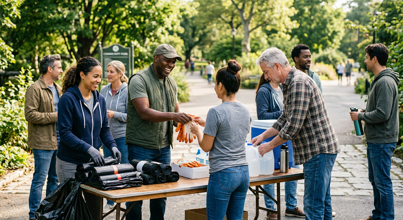 Volunteers gathered at a supply table before spreading out to their assigned zones