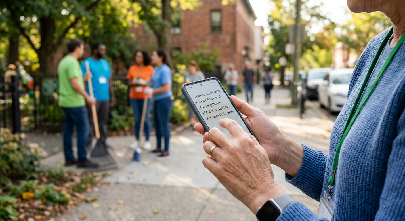 A neighbor tapping a phone screen to claim a task from a shared link