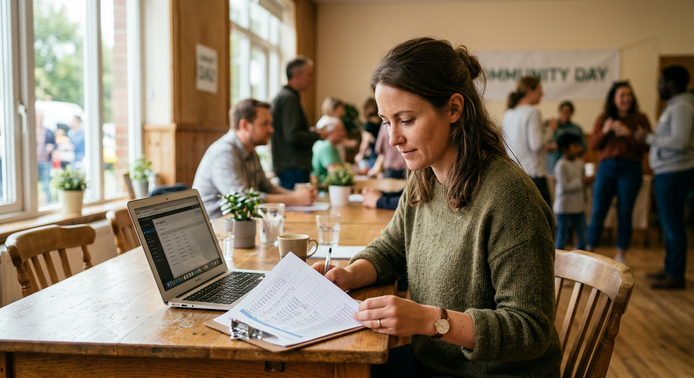 A community organizer reviewing volunteer slot assignments before an event