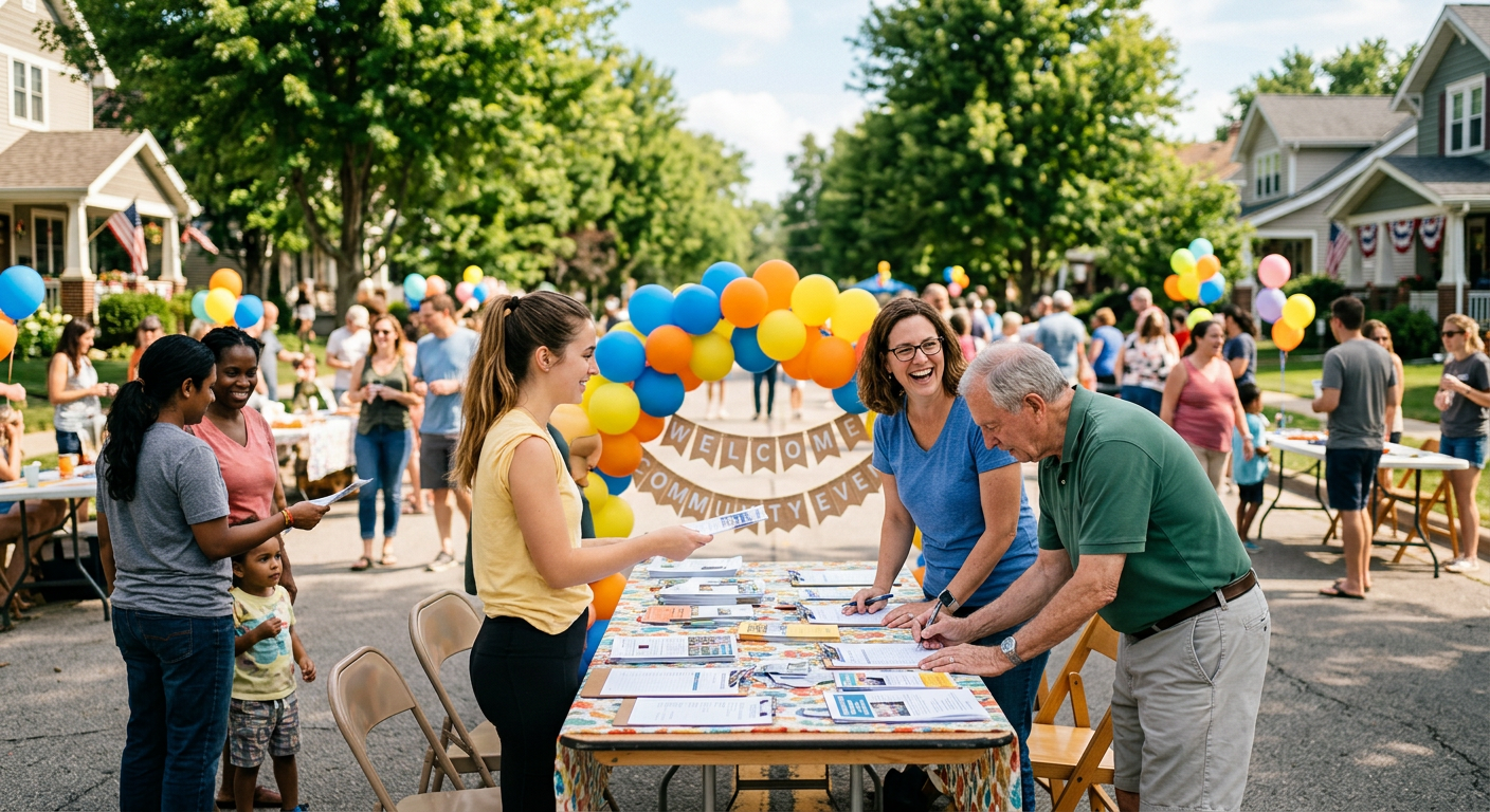 A lively neighborhood street blocked off for a summer block party