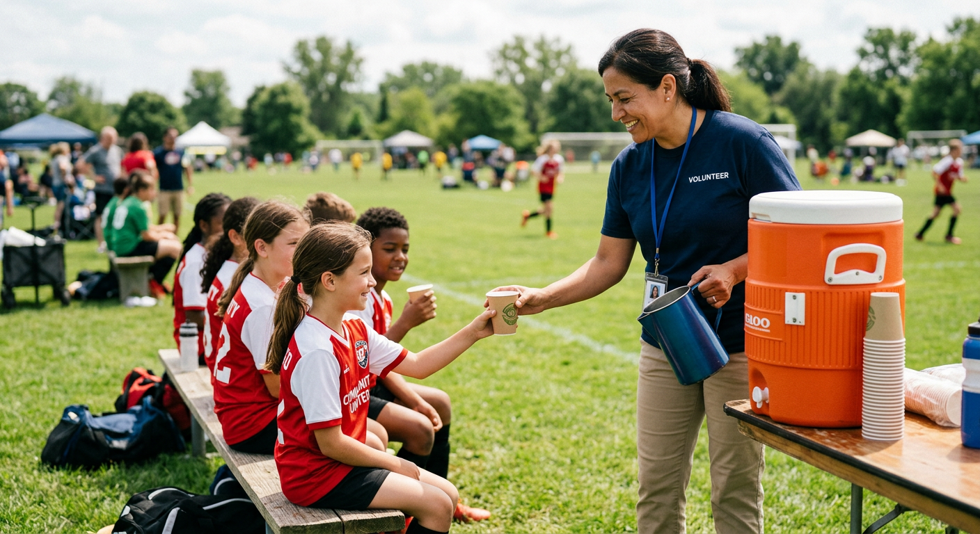 Volunteer handing out water bottles to young athletes on the sideline