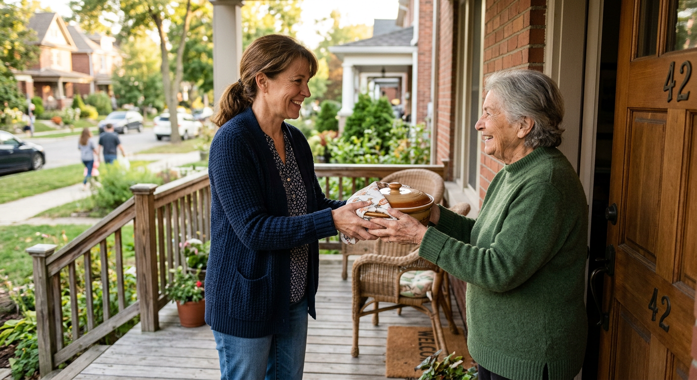 A neighbor dropping off a covered dish at a family's front door