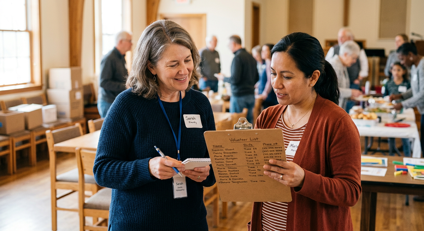 A hospitality coordinator reviewing the meal list with a church volunteer